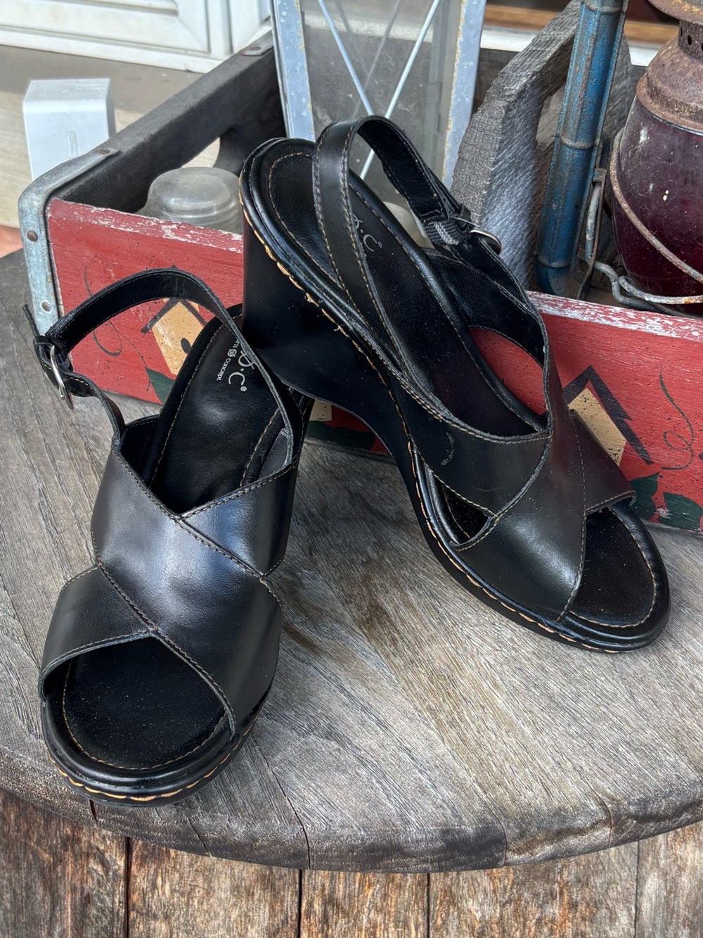 b.o.c. Black Leather Crisscross Slingback Wedge Sandals